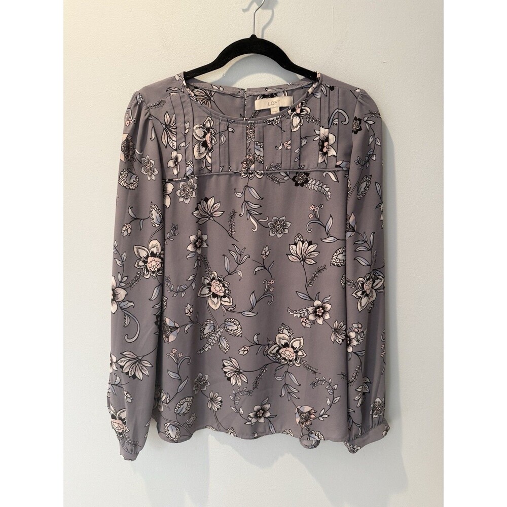 LOFT Blouse Grey Black White Floral Long-sleeve Women’s Size Medium
